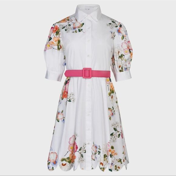 Anne Fontaine White Pink Midi Dress with Cuffed Sleeves - Picture 5 of 8